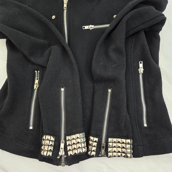 Cache Black Cotton Knit Moto Jacket Studded Cuffs Asymmetrical Zip M Y2K Biker - Picture 7 of 9